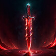 © AIgameicons - A crimson sword with glowing red energy pierces a dark, obsidian surface. The swords hilt is intricately detailed with silver accents and a red gem at its pommel.