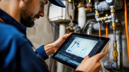 A man is holding a tablet while looking at a pipe