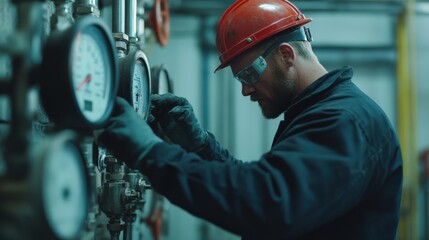 A man in a red helmet is working on a machine with a gauge