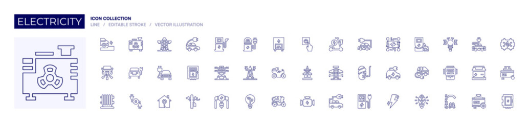 Electricity icon collection. Line style. Editable stroke. electric surge, electric meter, electric tower, lightbulb, electric car, circuit, lightning bolt