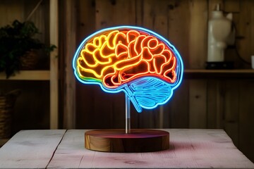 Neon sign of a creative brain illustration representing knowledge and trivia with copy space. 