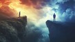© ThisDesign - A man standing on the edge of a cliff with two paths, one shrouded in storm clouds and the other in sunlight, making decisions. generative ai