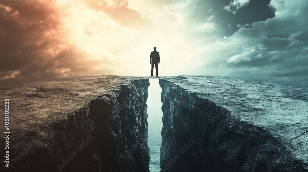 A man standing on the edge of a cliff with two paths, one shrouded in ...