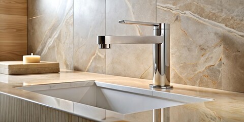 A modern, minimalist bathroom sink with a sleek, chrome faucet and a clean, white countertop resting on a warm wood base