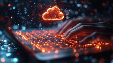 Poster - rendering of hands typing on laptop with cloud icon above, representing cloud computing.stock photo