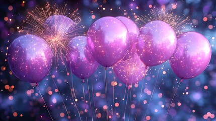 Poster - birthday banner featuring balloons and fireworks against purple background.