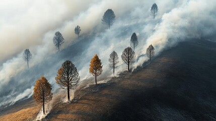 Aftermath of a destructive wildfire, charred trees and smoke-filled air, symbolic of environmental damage and the power of nature's fury