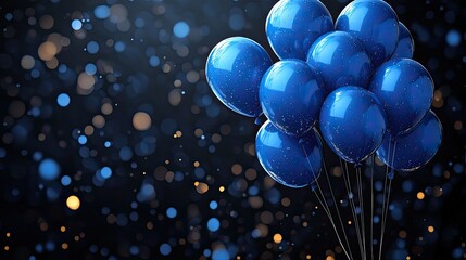 Poster - birthday card design featuring blue balloons and white square frame on black background, with the Happy Birthday text in the center, created.image