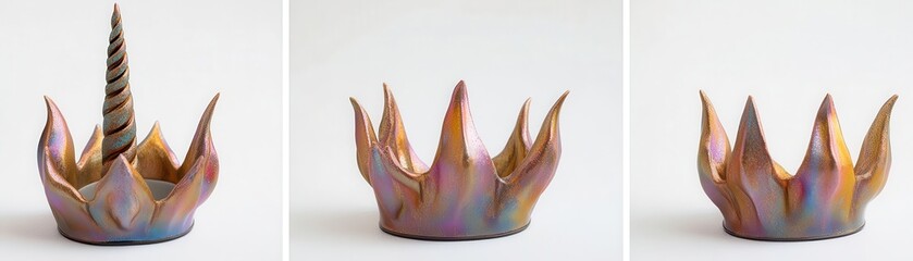 A colorful crown with a whimsical design featuring a unicorn horn, perfect for fantasy-themed parties or events.