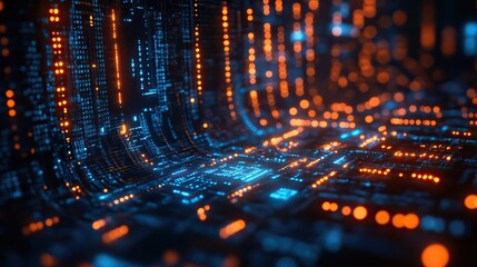 Poster - blue background with digital technology elements, symbolizing dat science and artificial intelligence with glowing effects.image