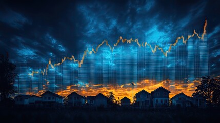 Aufkleber - blue sky with an upward-trending stock chart, with houses below, indicating growth in the housing market.stock photo