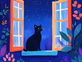 Naklejka na meble Illustration art of a cat standing by an open window