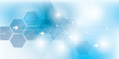 Wall Mural - Modern abstract background in vector design with hexagonal patterns and arrows on a blue gradient. Ideal for technology, innovation, and digital concepts with a futuristic feel.