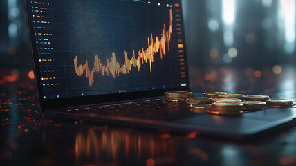 Wall Mural - concept of economic indicators displayed with laptop coins and graph on dark surface