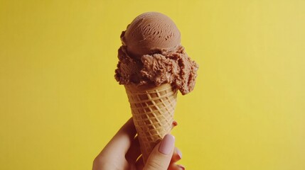 Chocolate ice cream cone on yellow background generative ai