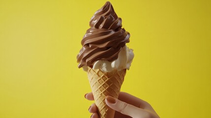 Chocolate ice cream cone on yellow background generative ai