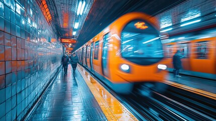Leinwandbilder - busy subway station captured with people walking, and trains in motion blur.illustration