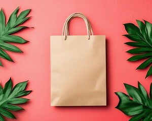 A plain brown paper bag surrounded by vibrant green leaves on a coral background, creating a fresh and eco-friendly aesthetic.