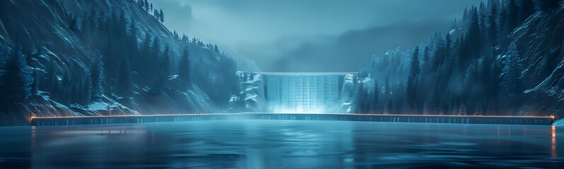 Poster - Futuristic Hydroelectric Facility Built into Mountainside with Glowing Pipelines