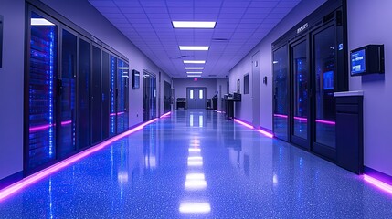 Fototapete - clean and organized server room with black and blue cabinets, illuminated by soft white lighting, showcasing technology.image