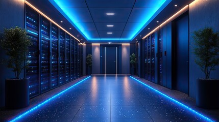 Fototapete - clean and organized server room with black and blue cabinets, illuminated by soft white lighting, showcasing technology.illustration
