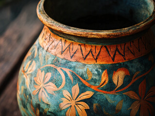 vintage terracotta pot with floral patterns and intricate details