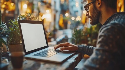 Poster - close-up of man typing on laptop with white screen, focusing on the empty display.