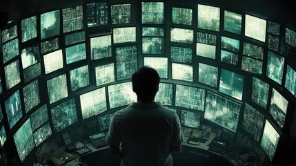 A man looking at a wall of computer screens with code displayed on them