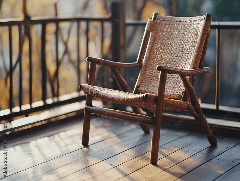 wooden wicker chair on a deck with sun rays sunlight outdoor patio ...