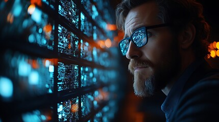 A man in glasses looks intently at a wall of glowing digital screens, each filled with data and code, in a dark room.