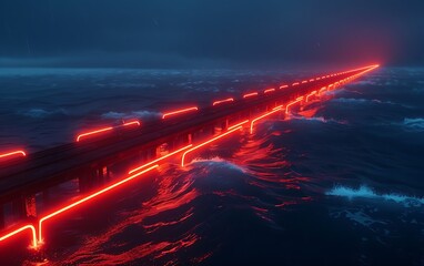 Poster - Futuristic Offshore Fuel Distribution Platform Harvesting Tidal Energy with Glowing Pipelines