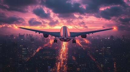 Poster - commercial airplane flying over the city with blurred lights below and sunset sky above.