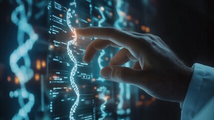 close-up of a doctor's hand holding a syringe in front of a digital healthcare network hologram displaying DNA sequences and medical data,