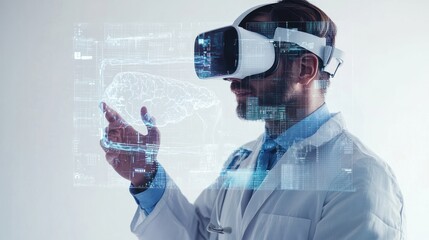 Wall Mural - A healthcare professional in a lab coat wearing VR glasses, immersed in a virtual patient simulator interface