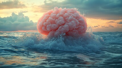 Aufkleber - creative collage forms the shape of brain against ocean waves, symbolizing mental health and growth.illustration