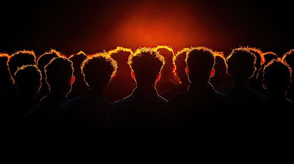 Poster - crowd of people silhouetted against black background, illuminated by warm light from the right side.stock photo