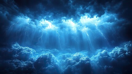 Poster - dark, dramatic sky filled with blue clouds and thunderstorm with rain and lightning.stock photo
