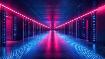 Poster - dat center filled with black and blue server racks, with digital lines illuminating the floor in abstract patterns.illustration