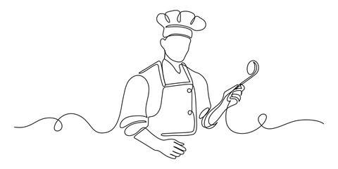 Aufkleber - Chef in one continuous line drawing. Cook in uniform working in kitchen in simple linear style. Symbol of food and restaurant in editable stroke. Doodle oneline vector illustration