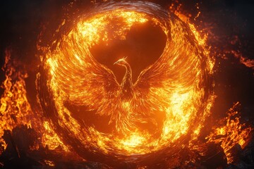 A fiery, glowing bird is surrounded by flames