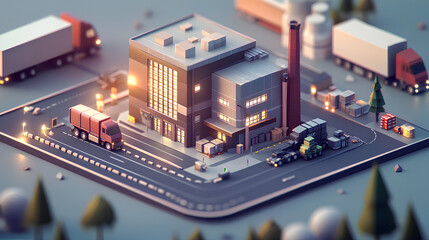 Wall Mural - this vector isometric icon or infographic element showcases a low poly factory building, warehouse, 
