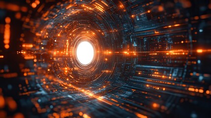 Poster - digital technology-themed background with futuristic design elements, including white circle surrounded by arrows and gears.image