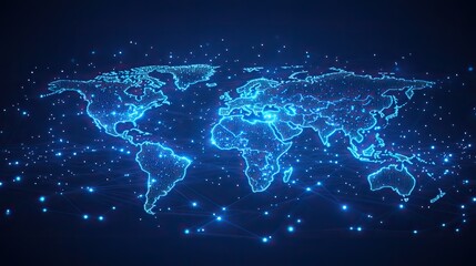 Aufkleber - digital world map with glowing network connections on blue background illustrates international business and connectivity.