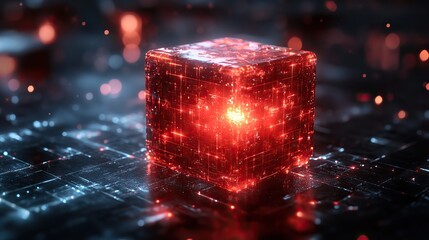 Leinwandbilder - digitally rendered red cube with glowing elements on dark background.