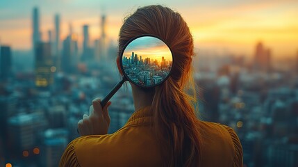 Poster - female real estate agent stands over city buildings, holding magnifying glass, symbolizing careful property inspection.stock photo