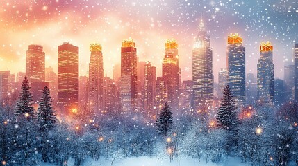 Aufkleber - festive city scene with present-shaped skyscrapers and golden ribbons offers vibrant holiday shopping banner for Christmas or New Year.stock photo