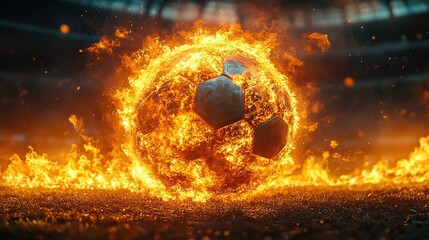 Poster - flaming soccer ball in stadium, celebrating an epic goal during world championship, perfect banner or poster for sports betting, football matches, and tournaments.illustration