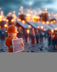 Workers installing solar panels in a vibrant urban setting