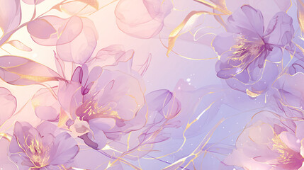 An elegant illustration of soft purple flowers with delicate petals and gold accents, creating a dreamy floral pattern for artistic backgrounds.