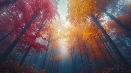 Aufkleber - forest in autumn with trees of various colors, their crowns intertwining against the bright sky.